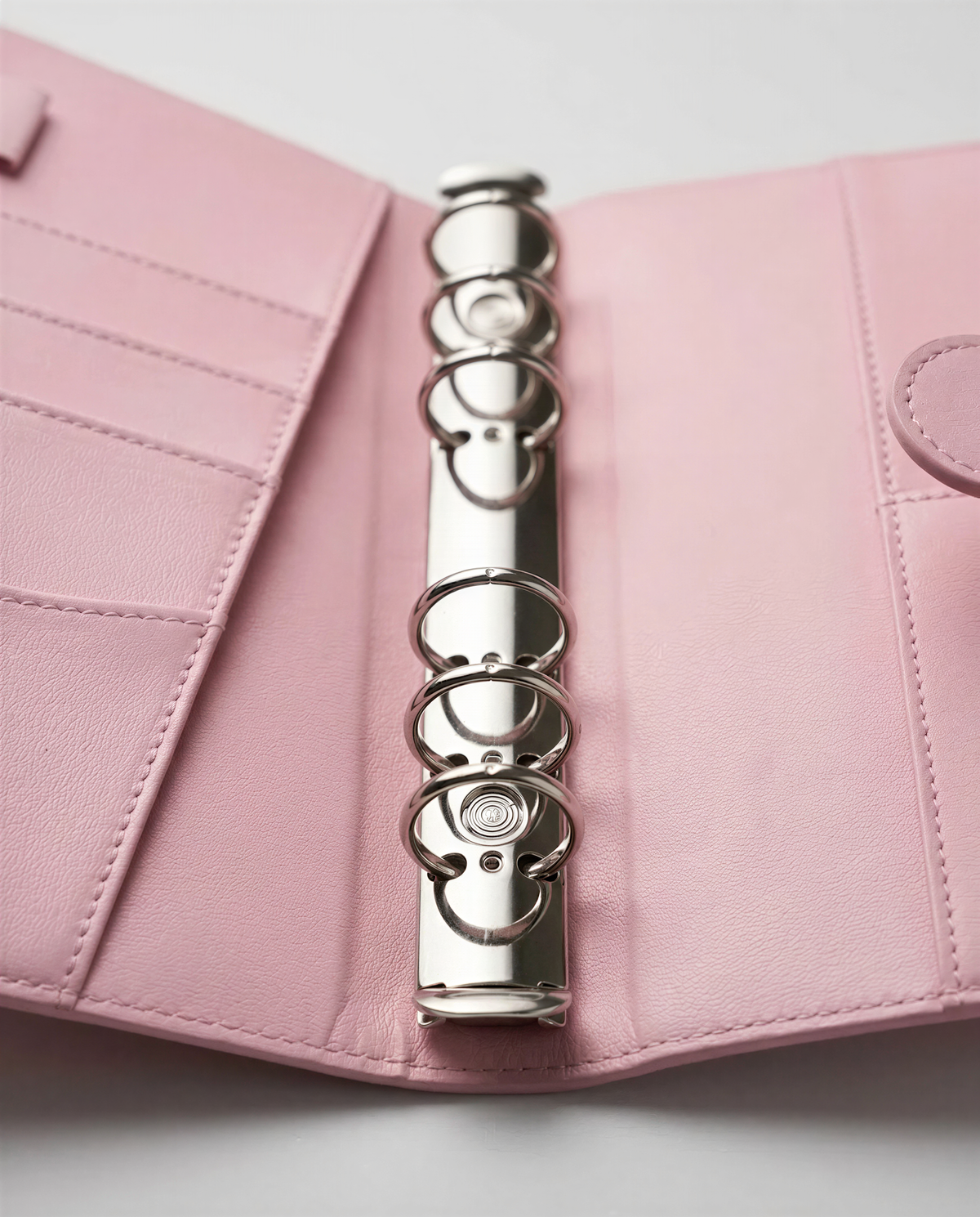 A pink leather binder with multiple rings and a metal ring mechanism, which appears to be a binder or organizer.