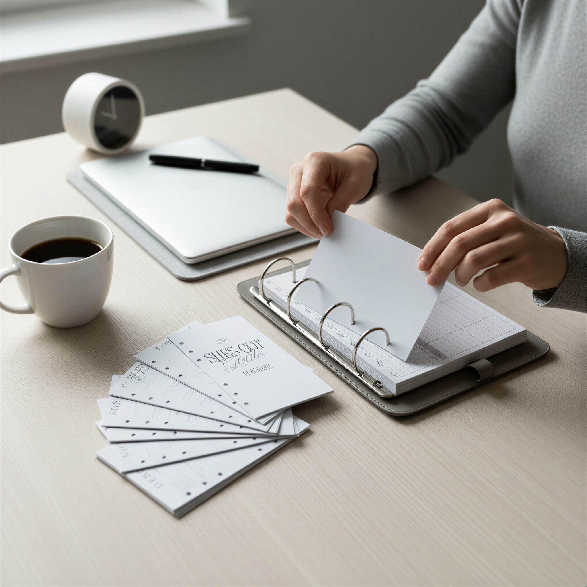 A person is sitting at a desk, working on a spiral-bound notebook and a laptop, with a cup of coffee nearby.