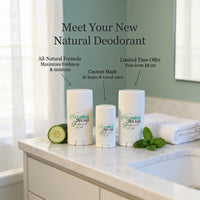 three cucumber-flavored deodorants placed on a bathroom counter, with a towel and a cucumber slice nearby.