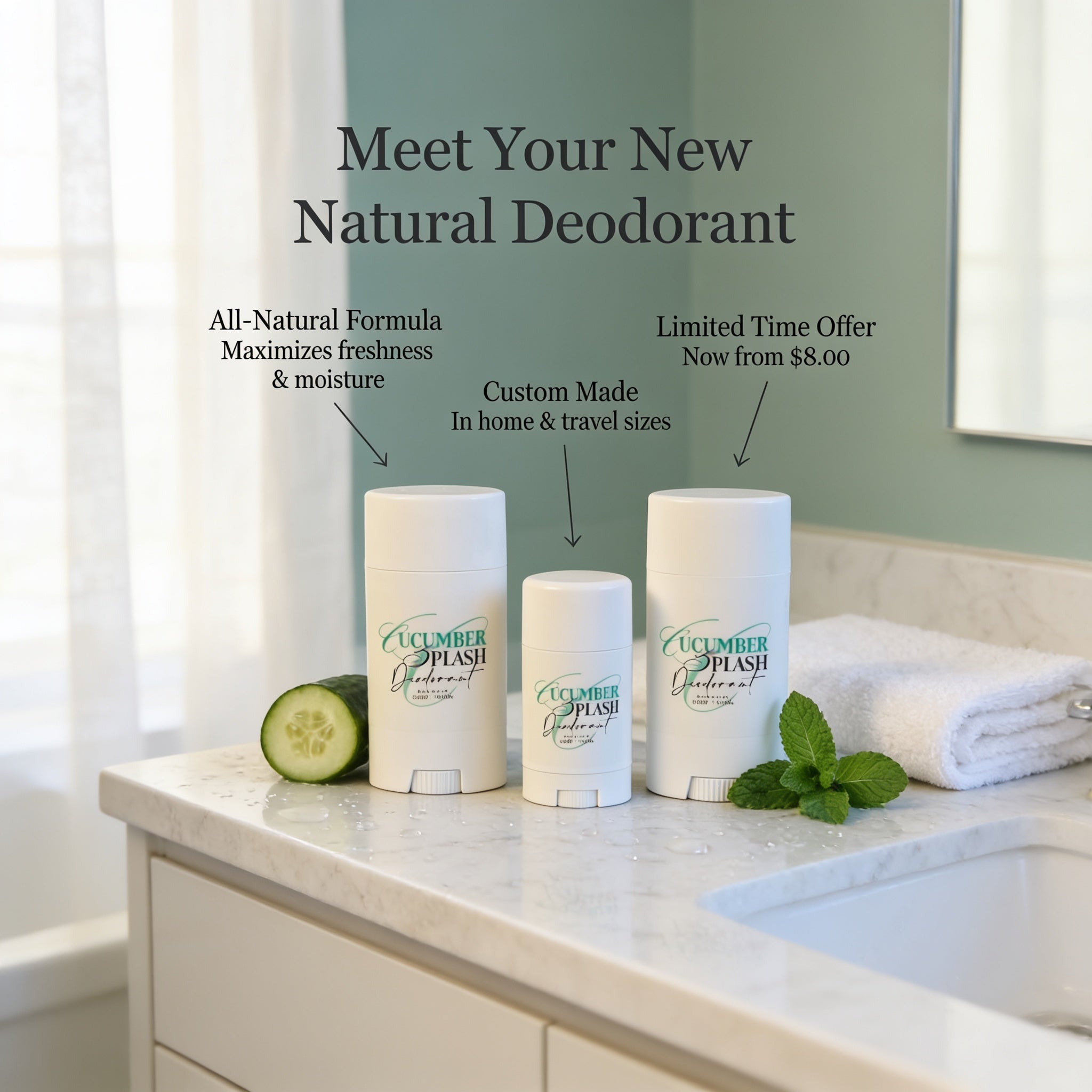 three cucumber-flavored deodorants placed on a bathroom counter, with a towel and a cucumber slice nearby.