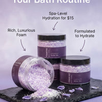 three jars of lavender-scented bath products, including a rich, luxurious foam bath bomb and two jars of lavender-scented bath salt.