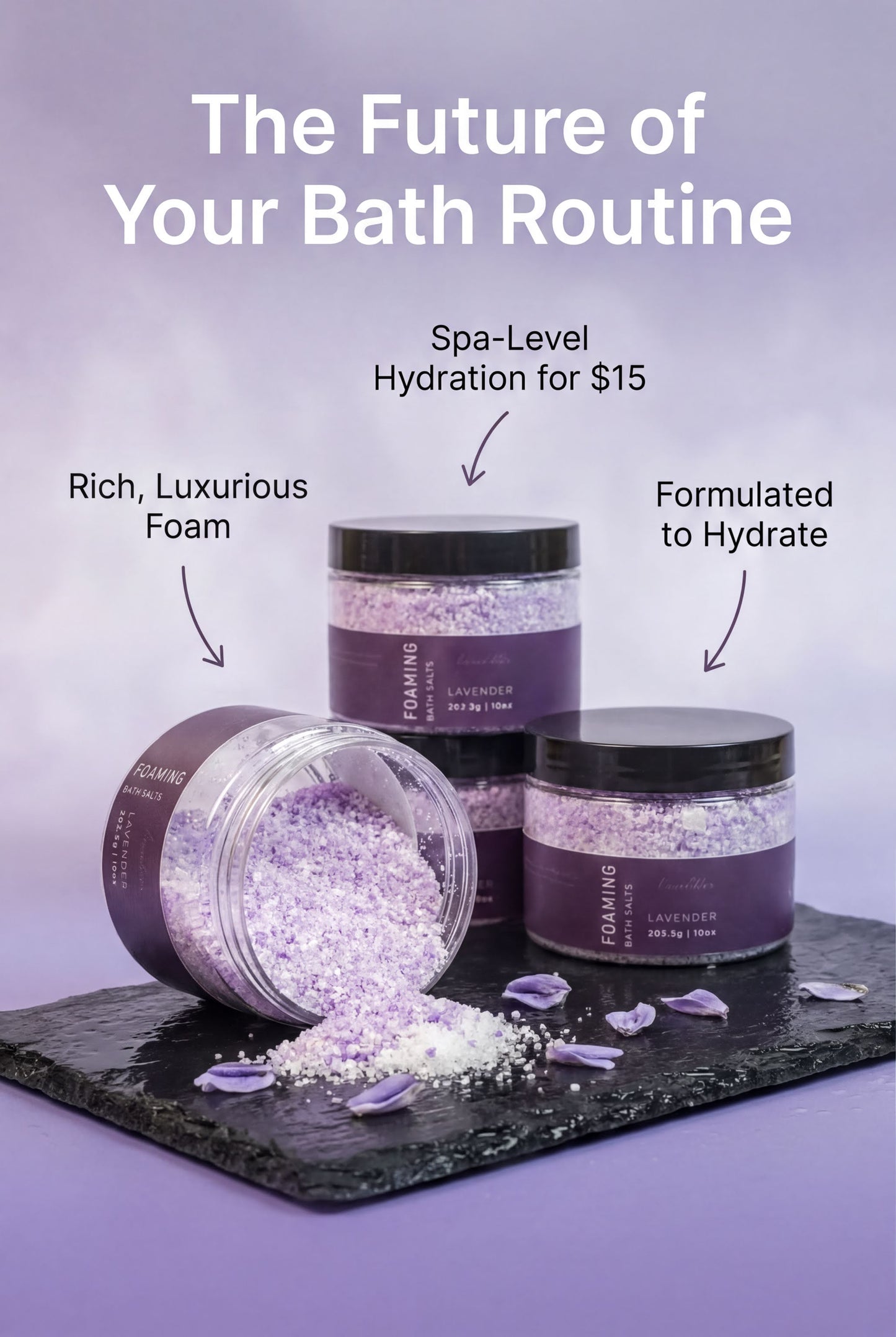 three jars of lavender-scented bath products, including a rich, luxurious foam bath bomb and two jars of lavender-scented bath salt.