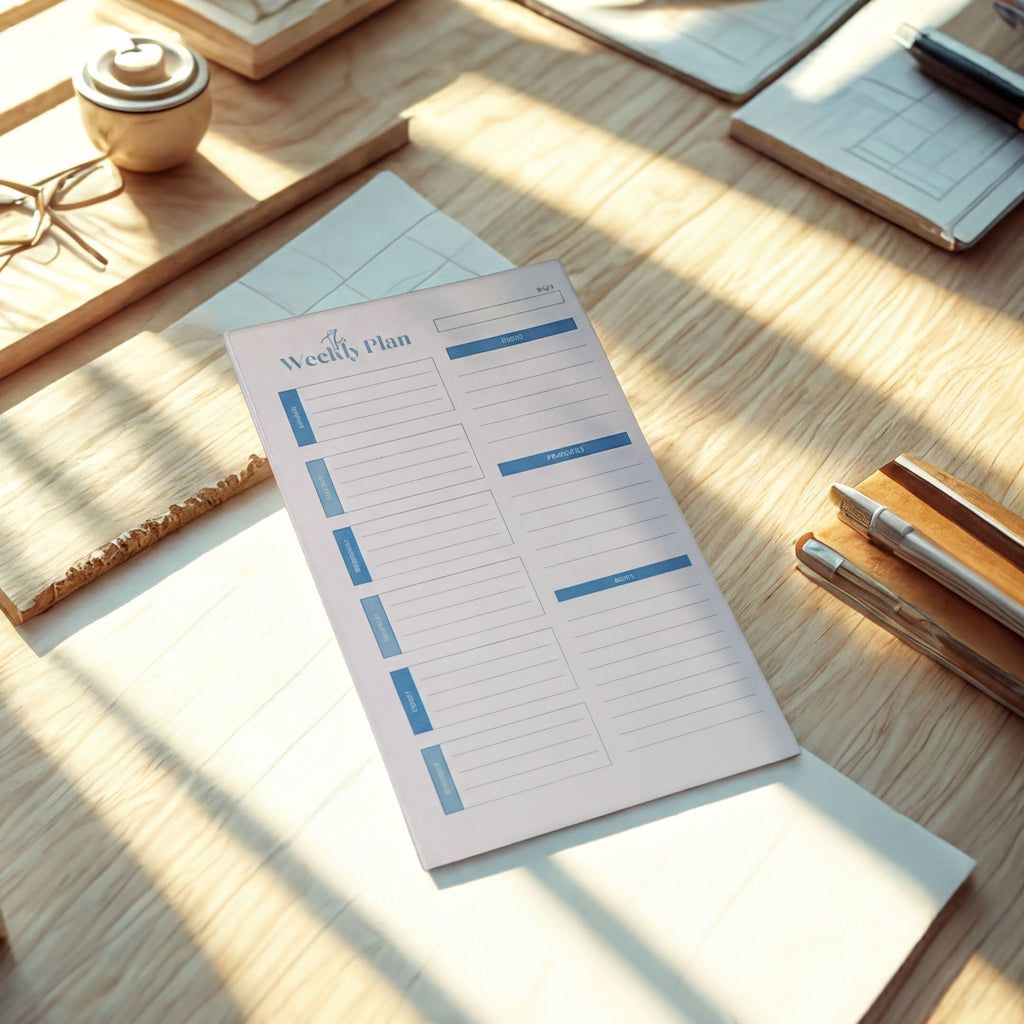 a white weekly plan sheet with blue lines, placed on a wooden surface alongside other office supplies such as pens and a cup.