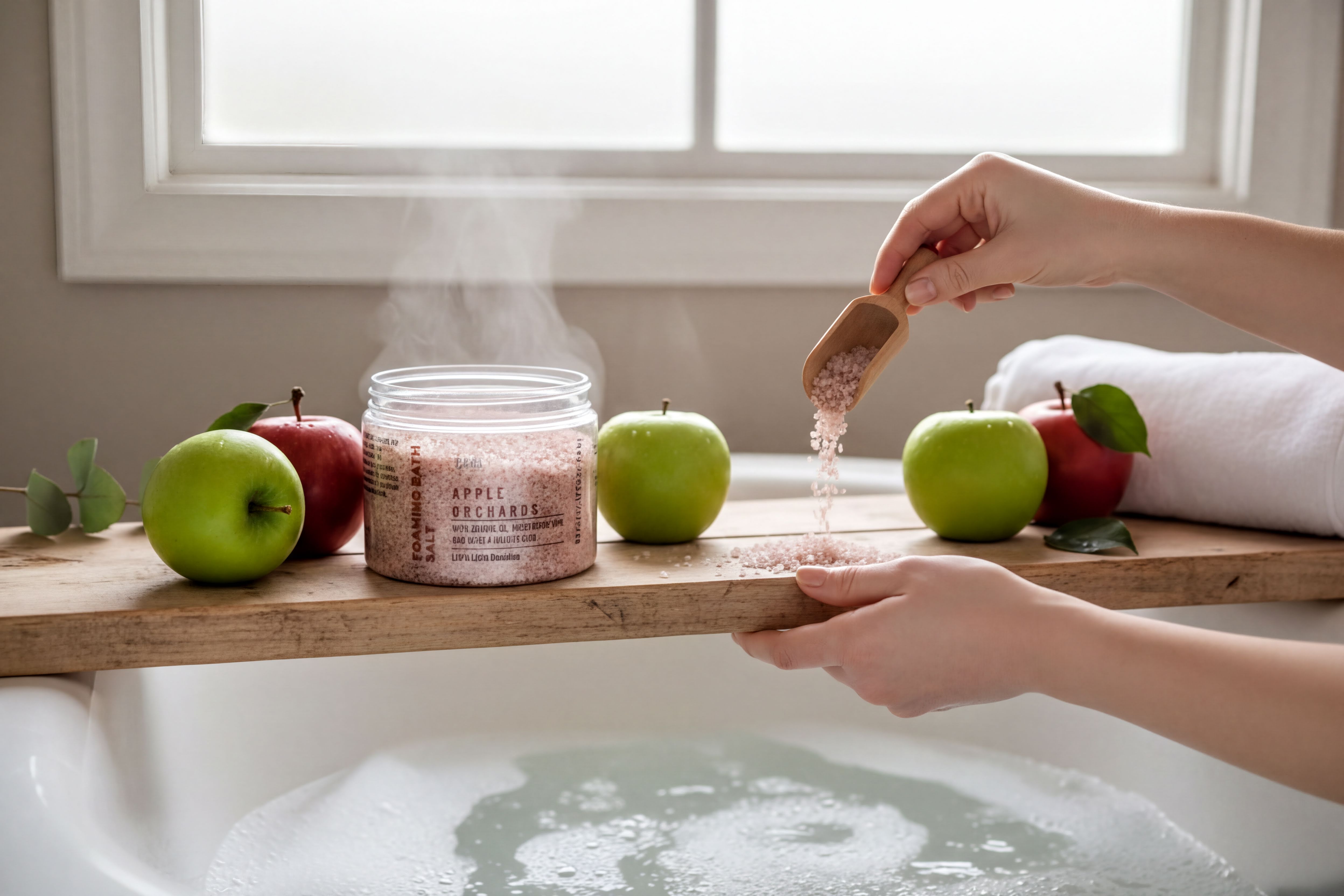 A person's hands are pouring pink bath salt into a glass jar containing apples, with the jar and apples placed on a wooden shelf in a bathroom.
