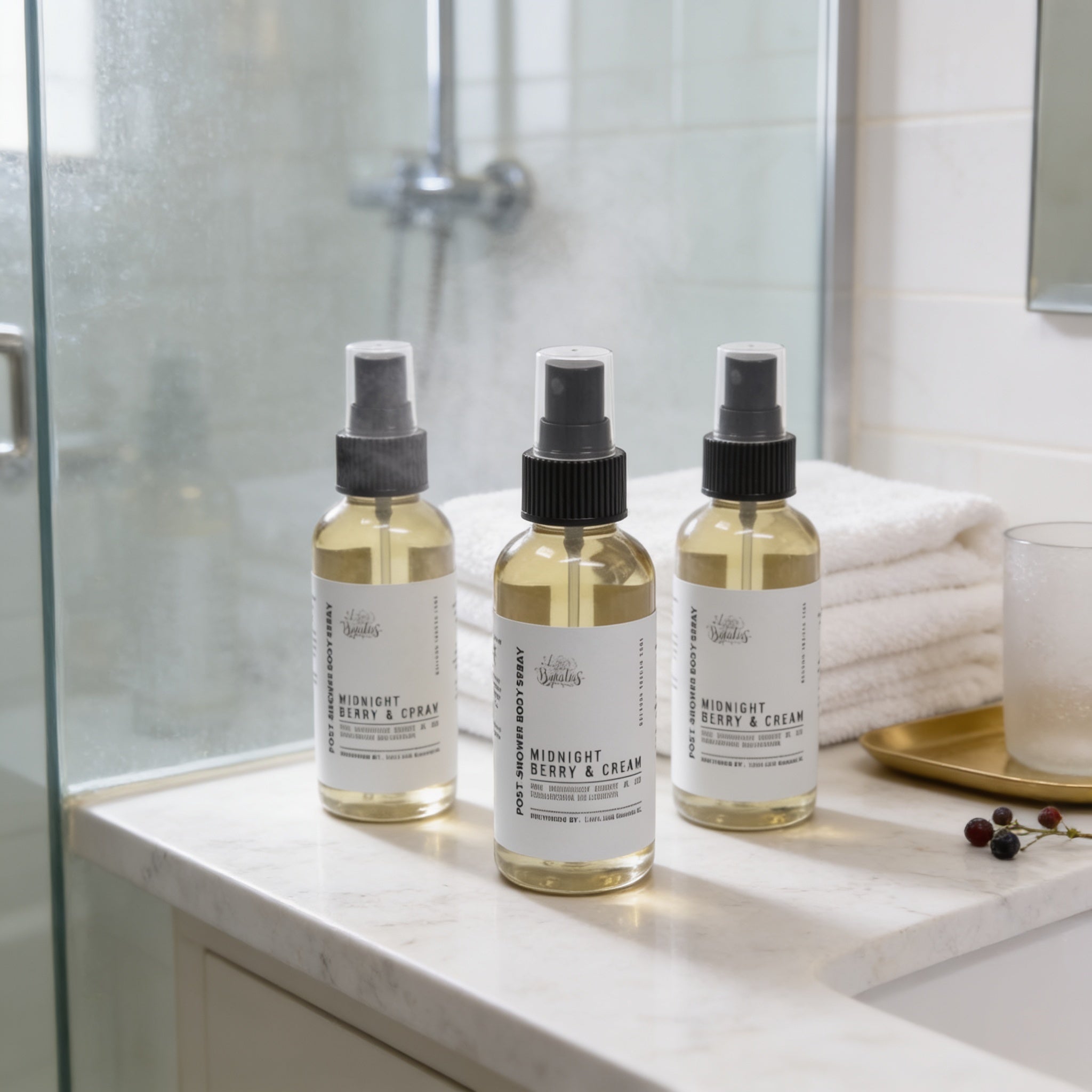 Three bottles of "Midnight Berry & Crème" hand sanitizer are placed on a white countertop in a bathroom.