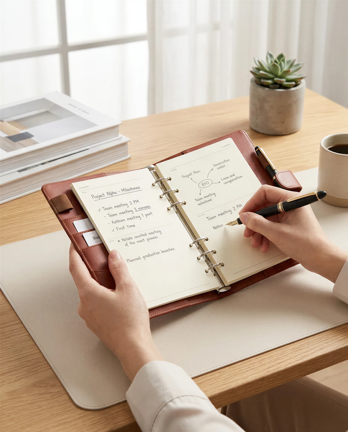 A person's hands are seen writing in a red notebook on a wooden desk, with a pen in hand. The desk also has a few books and a potted plant nearby.