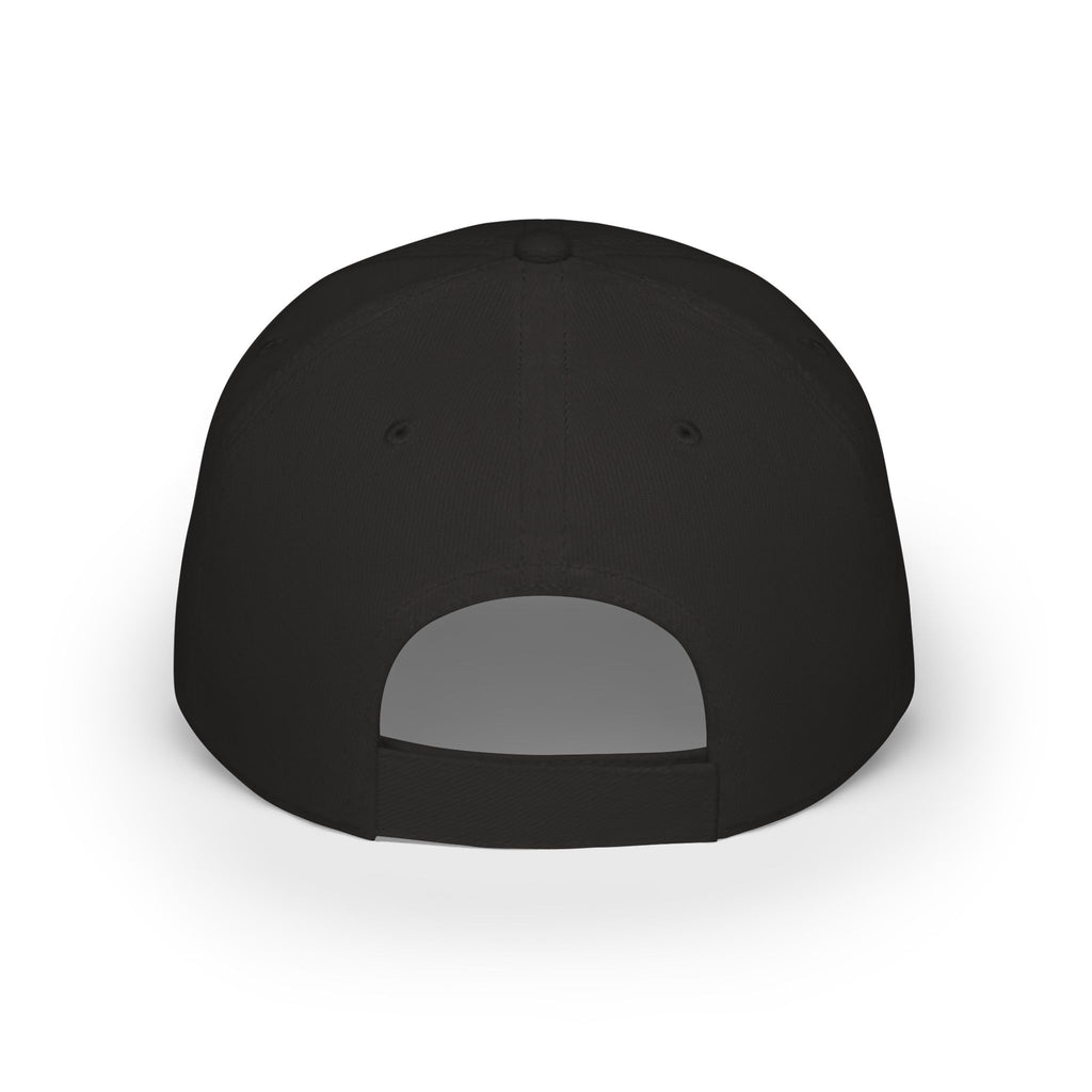 Black baseball cap back view with adjustable strap and ventilation holes