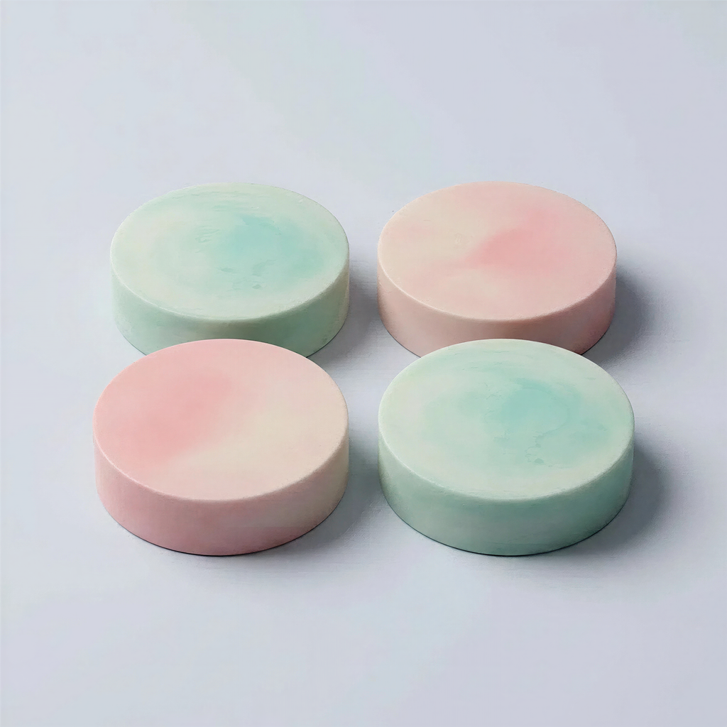 four round, colorful soap bars arranged in a square formation on a white background.