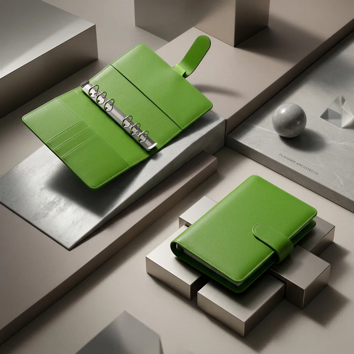 a pair of green leather planners or notebooks, one open and one closed, placed on a gray surface with a marble-like background.