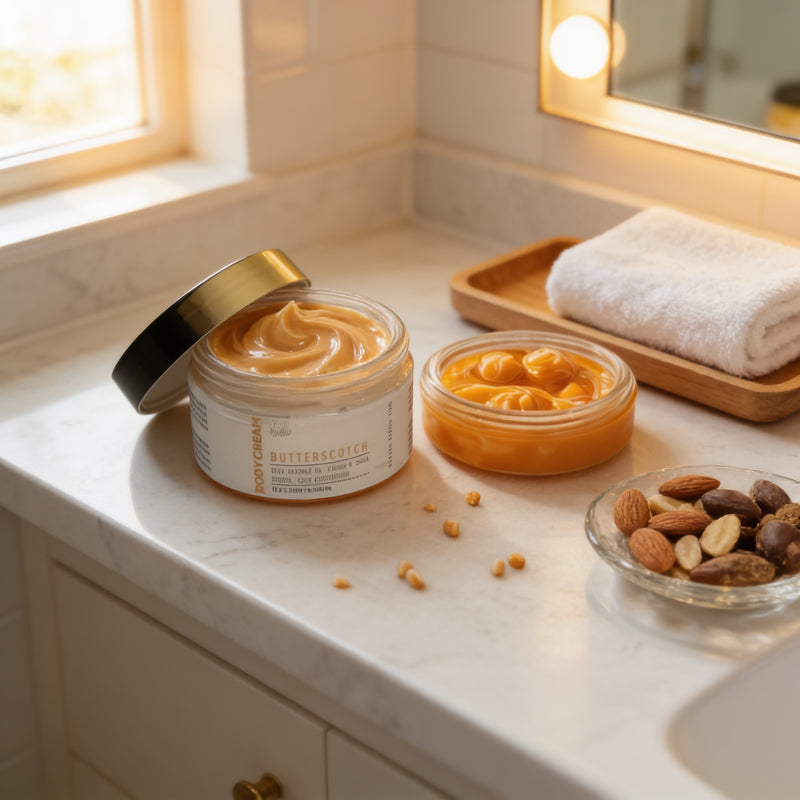 Butterscotch body cream & sugar scrub with natural nuts, handcrafted with goat milk for soft skin