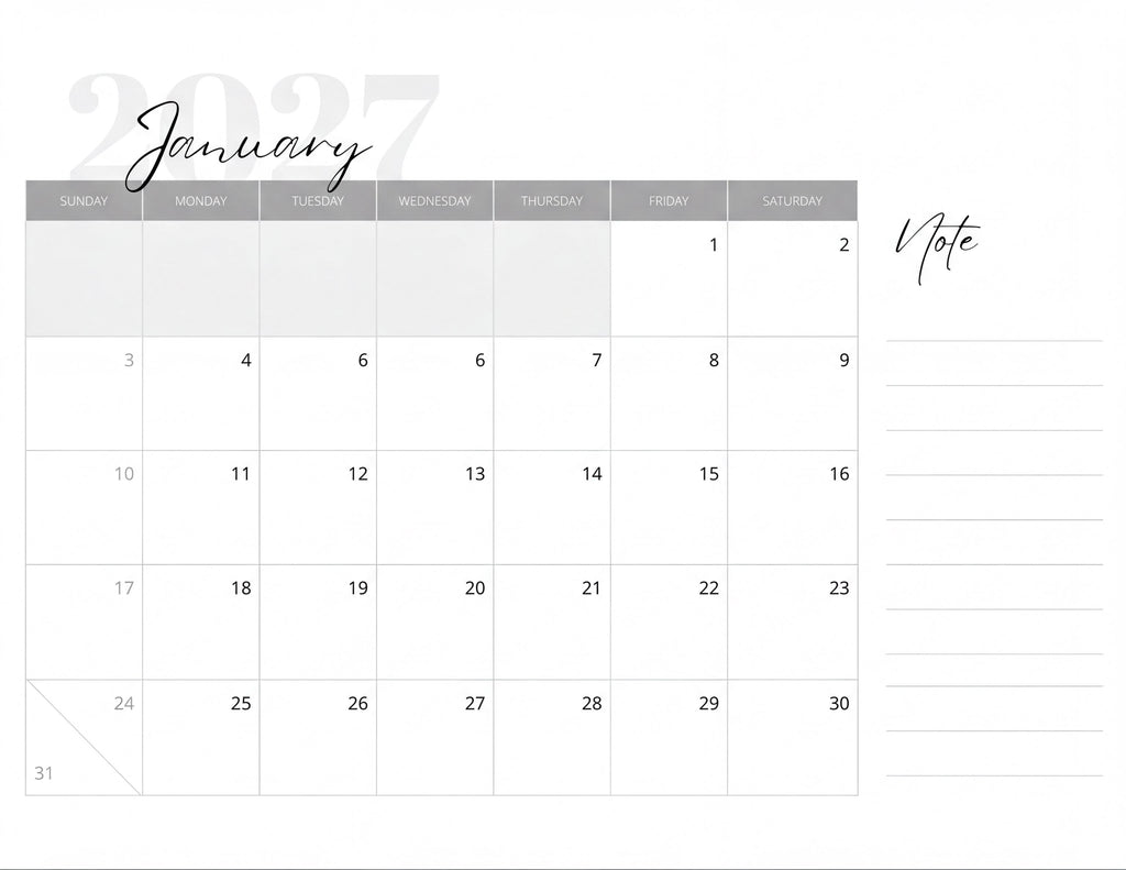 The image is a calendar for the month of January, showing the days of the week and dates for each day.