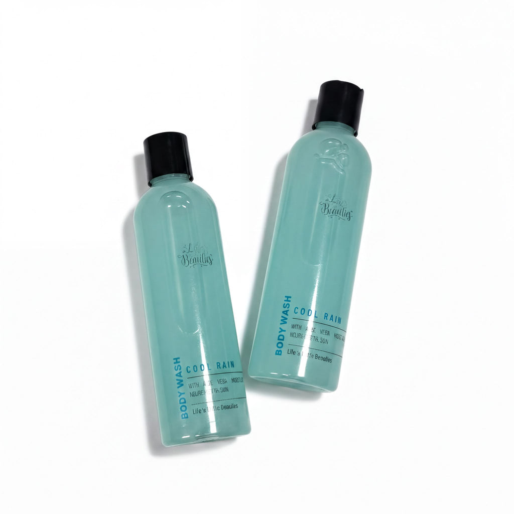 Two bottles of body wash with blue and white labels, placed side by side on a white background.