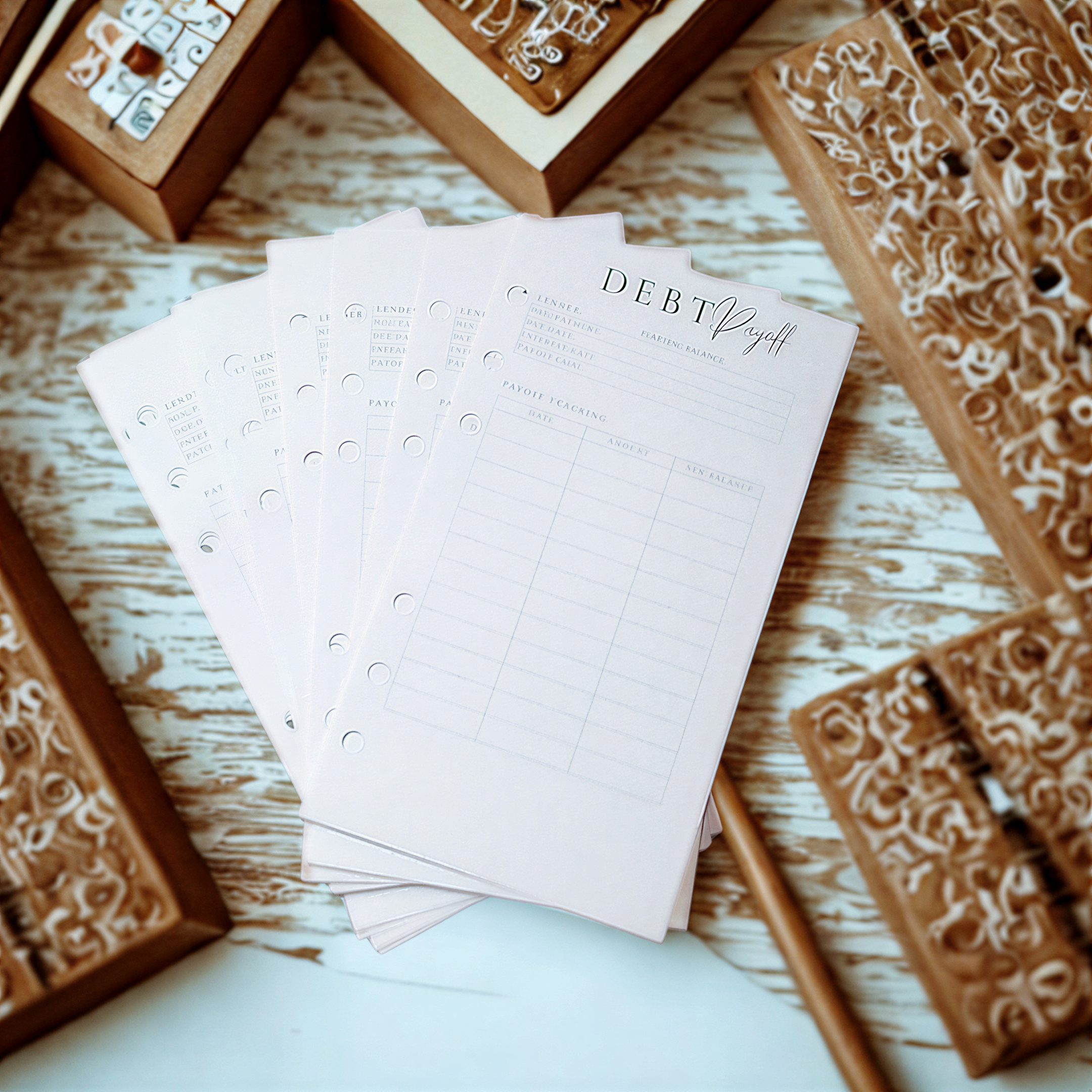 a stack of white paper forms with the word "DEBT" written on them, placed on a wooden surface.