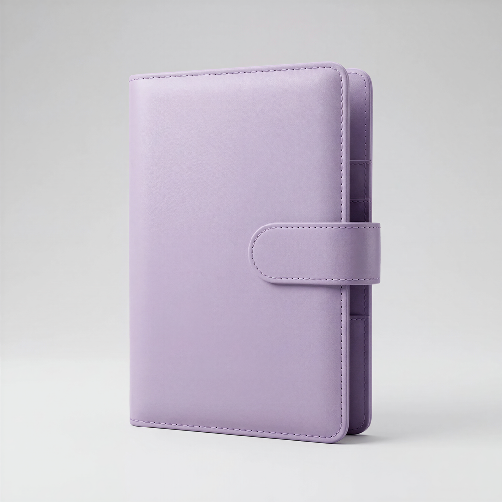 A single, upright, purple leather-like object with a small pocket on the front.