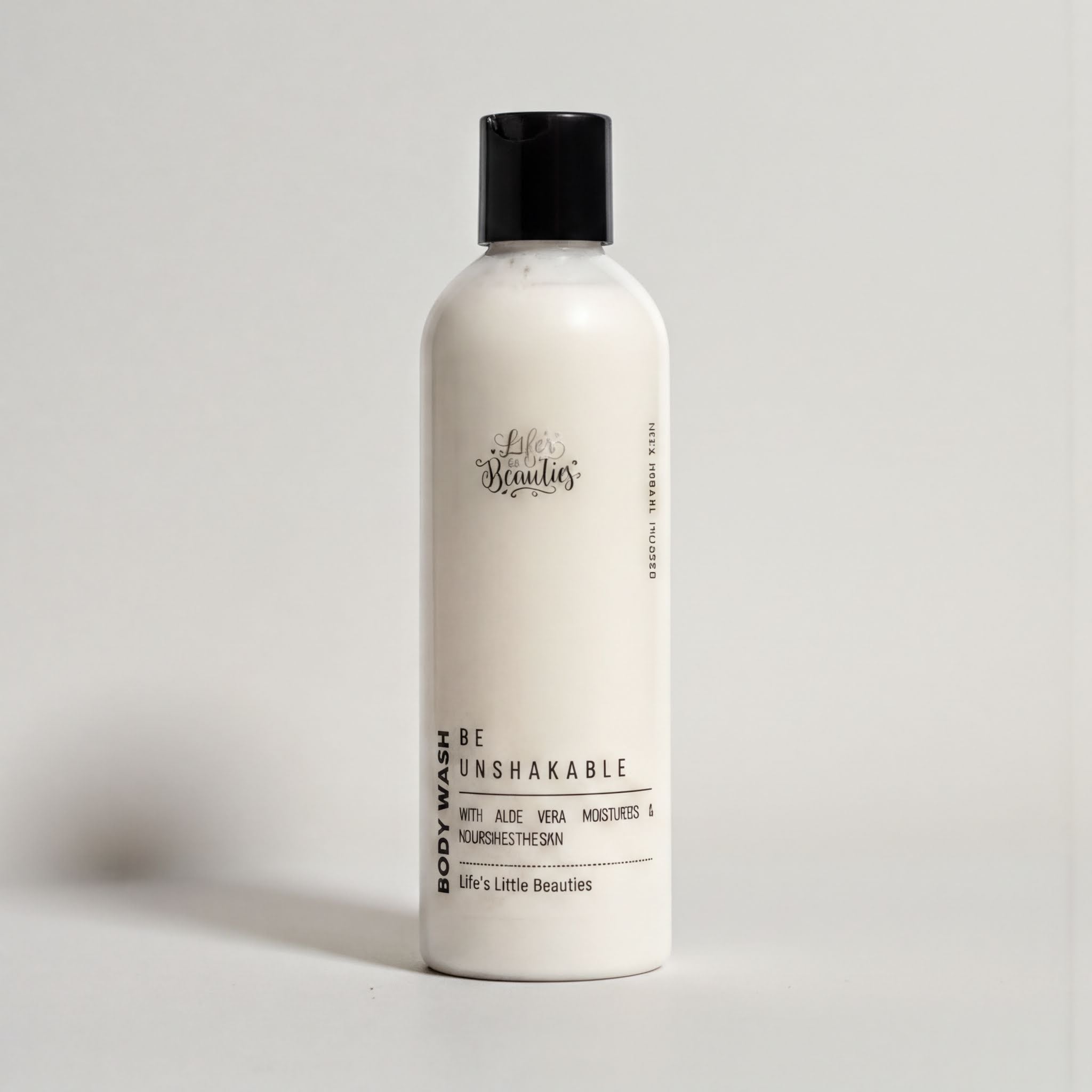 A bottle of body wash with a black cap and white label.