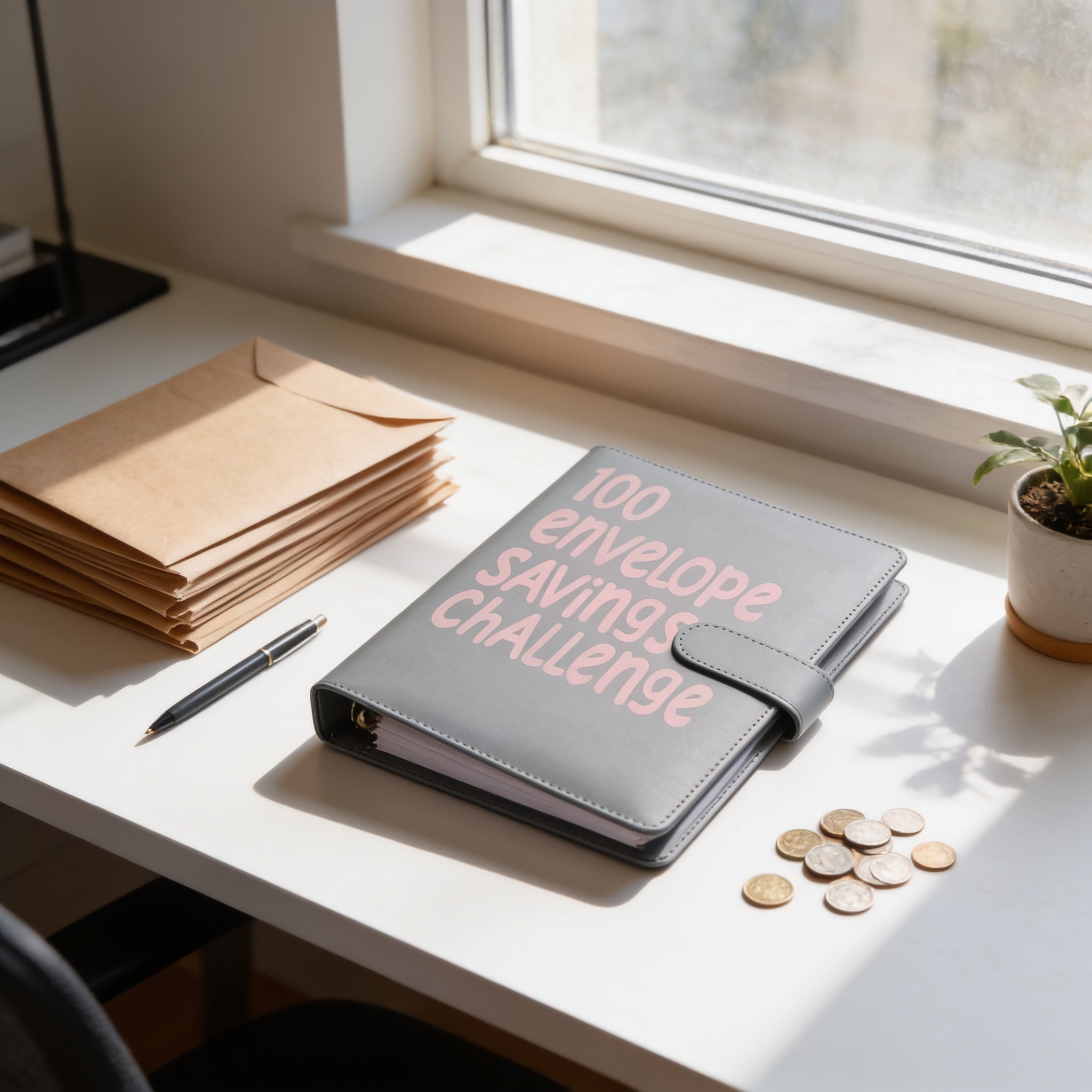 100 envelope savings challenge planner with coins and envelopes on sunny desk