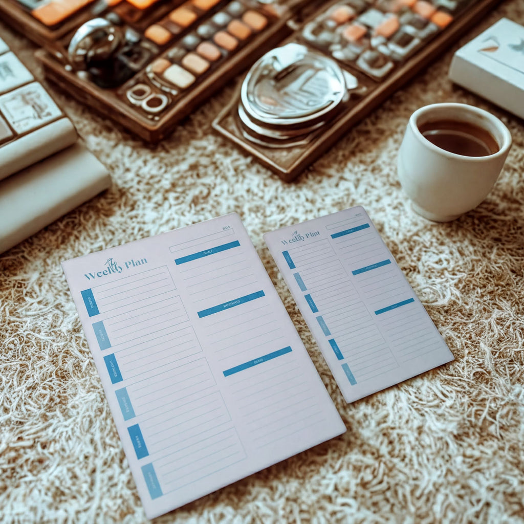 a desk with a large white notepad labeled "Weekly Plan" and a smaller notepad with a similar layout, along with a cup of coffee and a remote control.