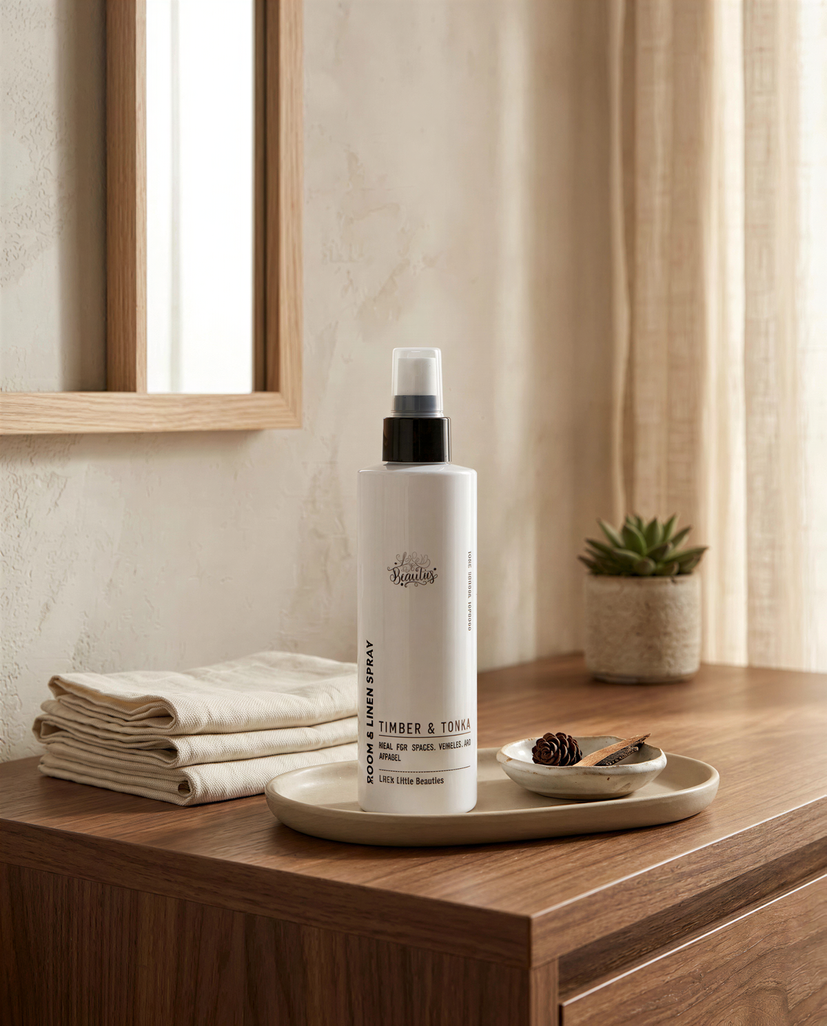 a bottle of hair spray placed on a wooden surface, with a folded towel and a small bowl of pine cones nearby.