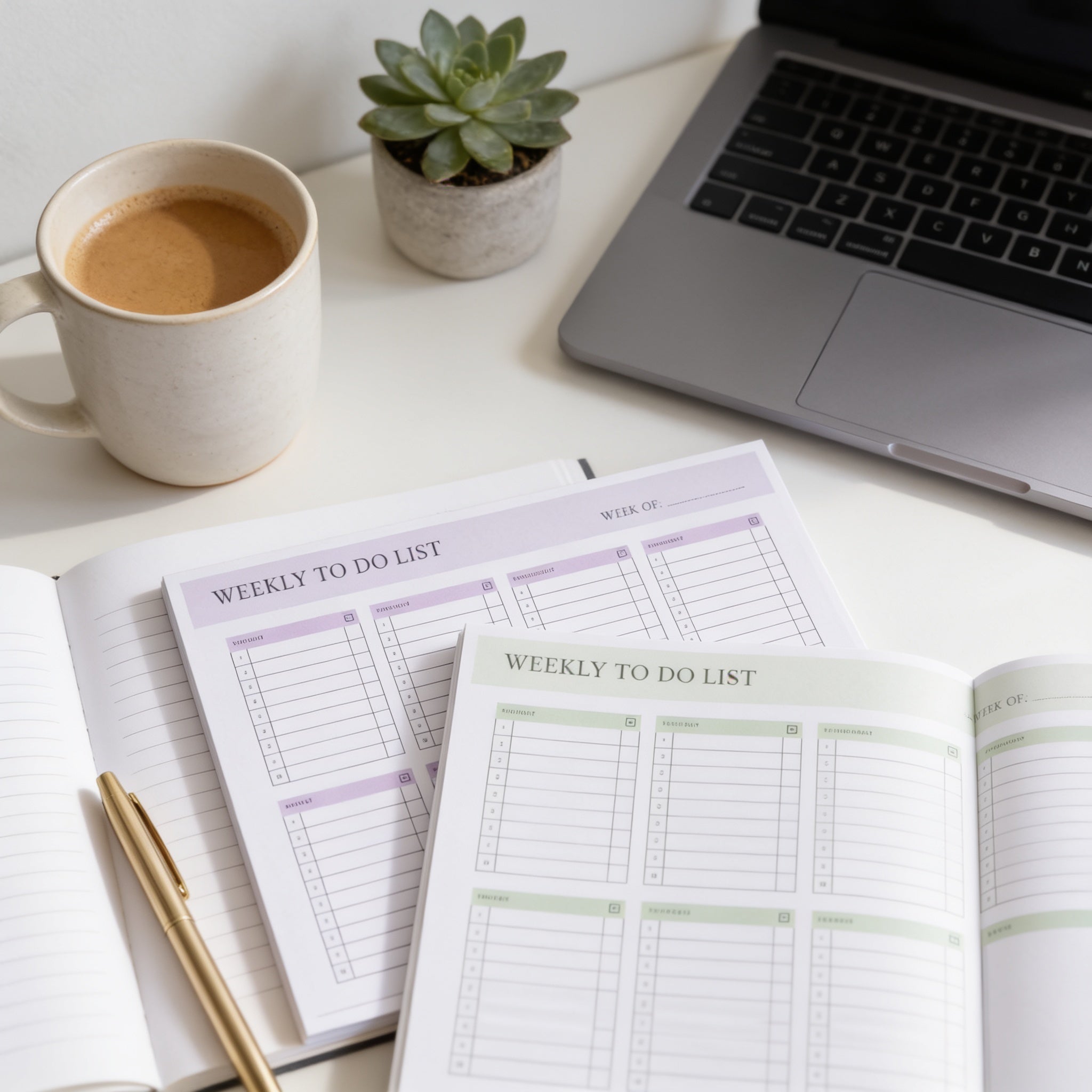 a desk with a laptop, a coffee cup, a potted succulent plant, and two planners or notebooks.