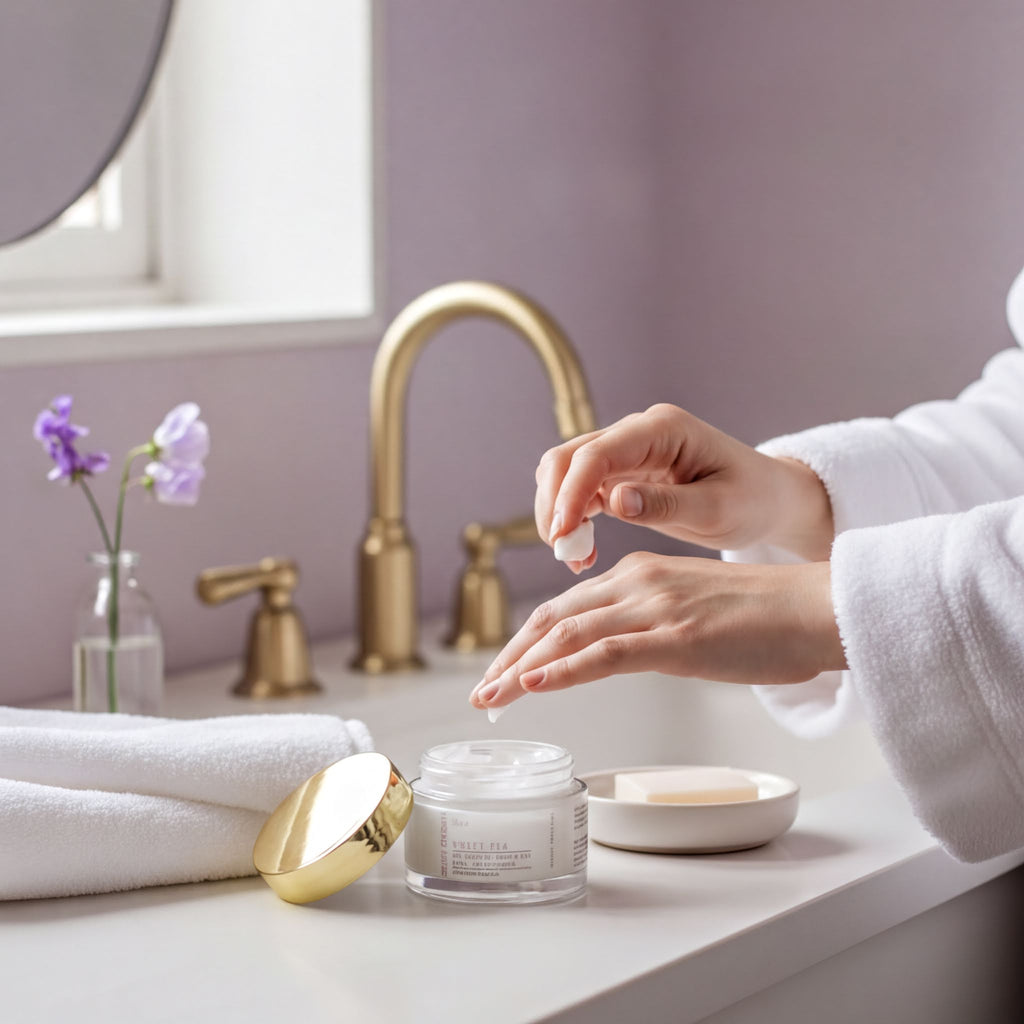 A person's hands applying cream to their face in a bathroom setting, with a jar of cream, a towel, and a vase of flowers visible on the counter.