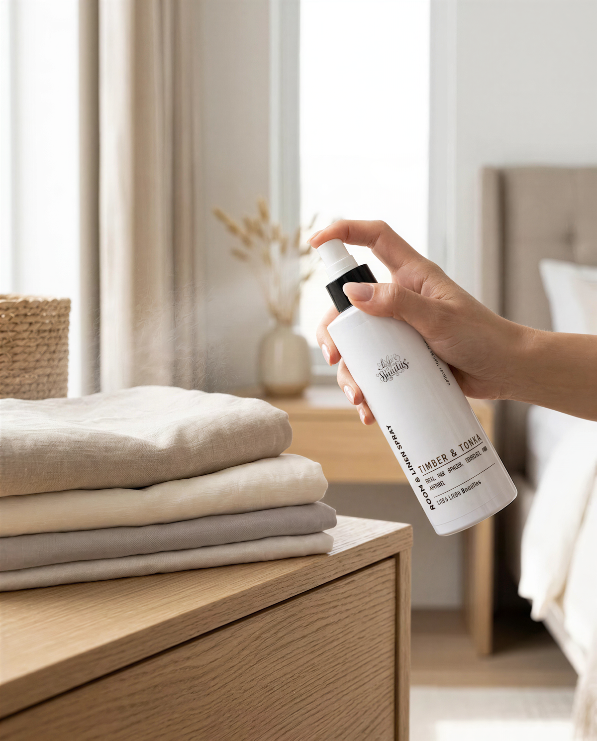 A hand is holding a spray bottle of a product, which appears to be a fabric softener or dryer sheet, in a room with a wooden dresser and a stack of folded clothes.