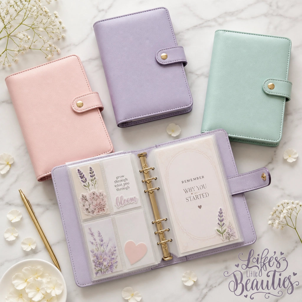 Pastel planner binders and an open lavender organizer styled with flowers and a gold pen