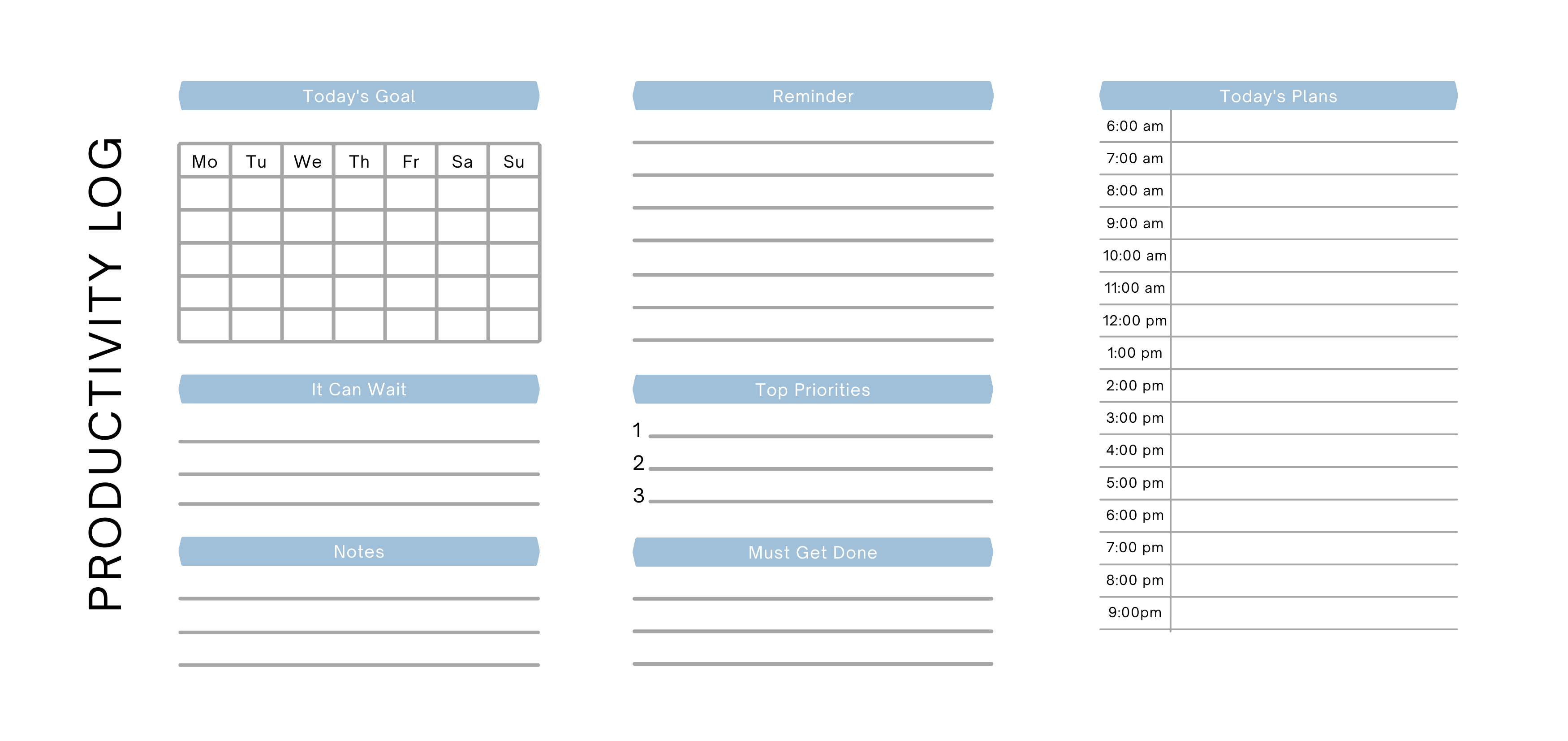Productivity log planner with daily goals, hourly schedule, priorities, and notes sections