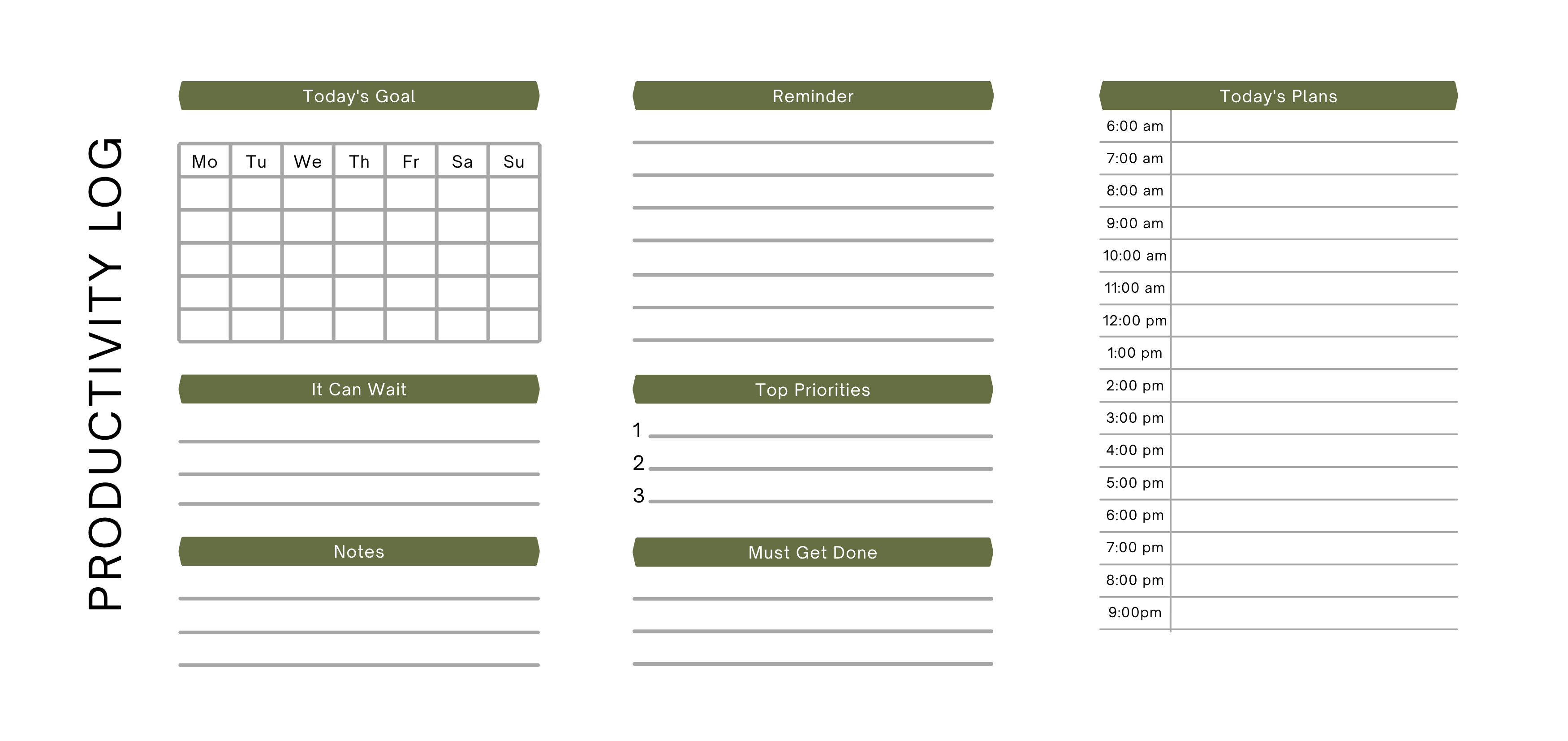 Productivity log planner with daily goals, reminders, priorities, and hourly schedule sections