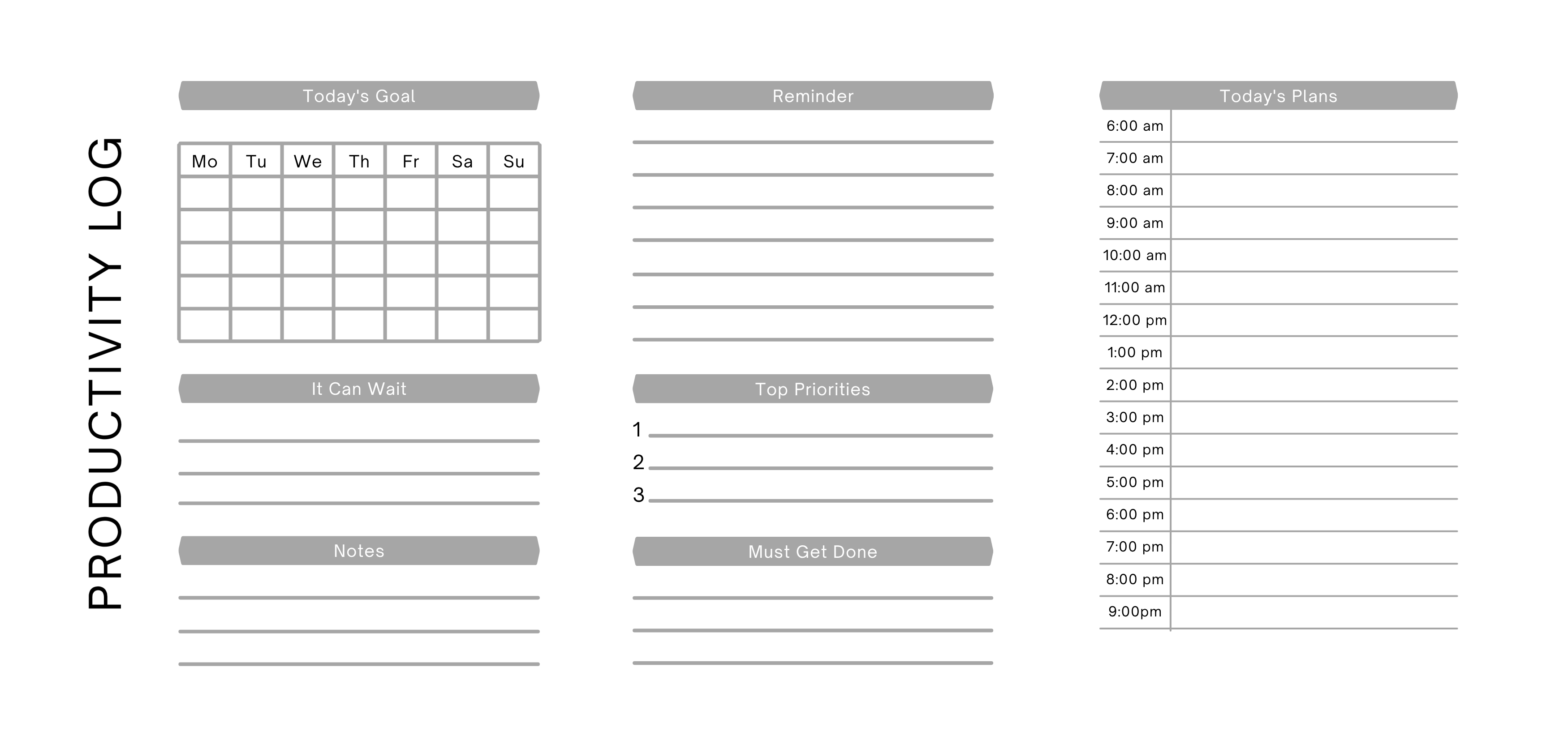 Productivity log planner with daily goals, priorities, reminders, and hourly schedule sections