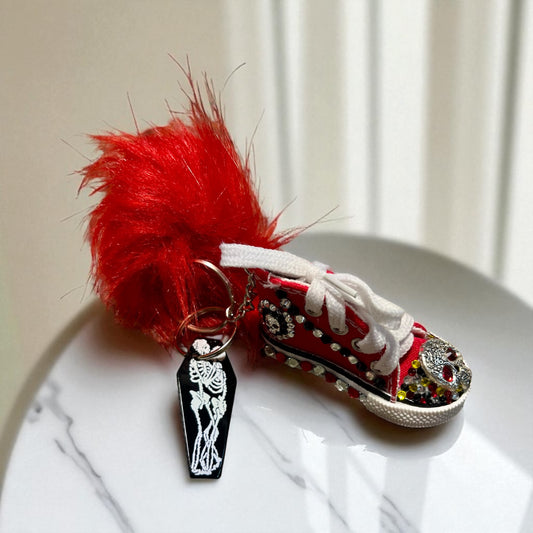 Bedazzled Handmade Converse Keychain - Red Skull
