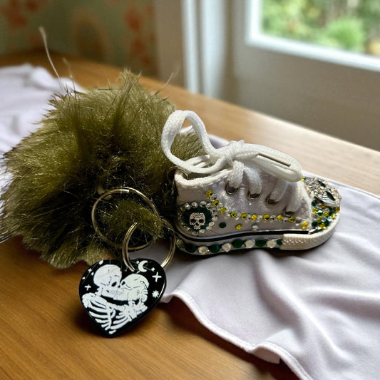 Bedazzled Handmade Converse Keychain - Green Skull
