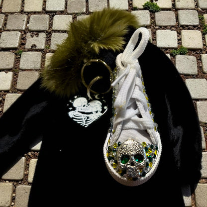 Bedazzled Handmade Converse Keychain - Green Skull