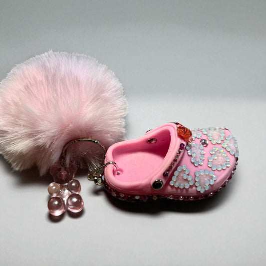 Bedazzled Handmade Crock Keychain: Pink Love Teddy Bear
