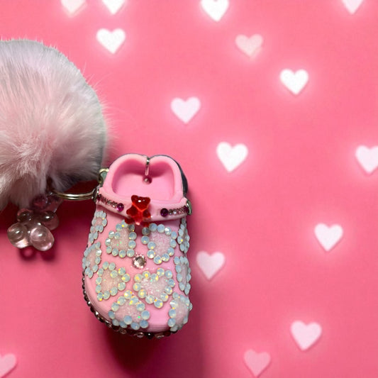 Bedazzled Handmade Crock Keychain: Pink Love Teddy Bear