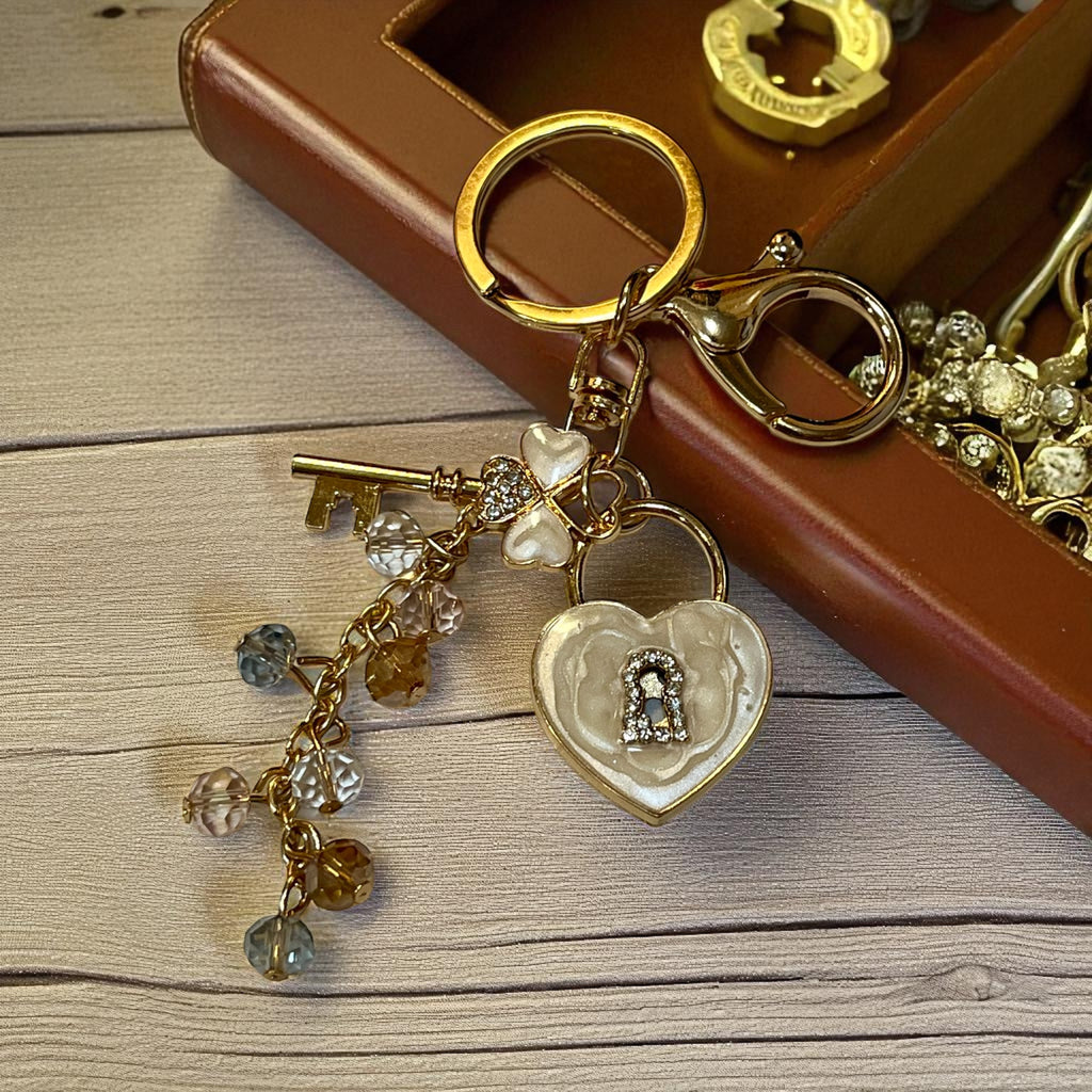 White Heart Lock and Key Jeweled Keychain
