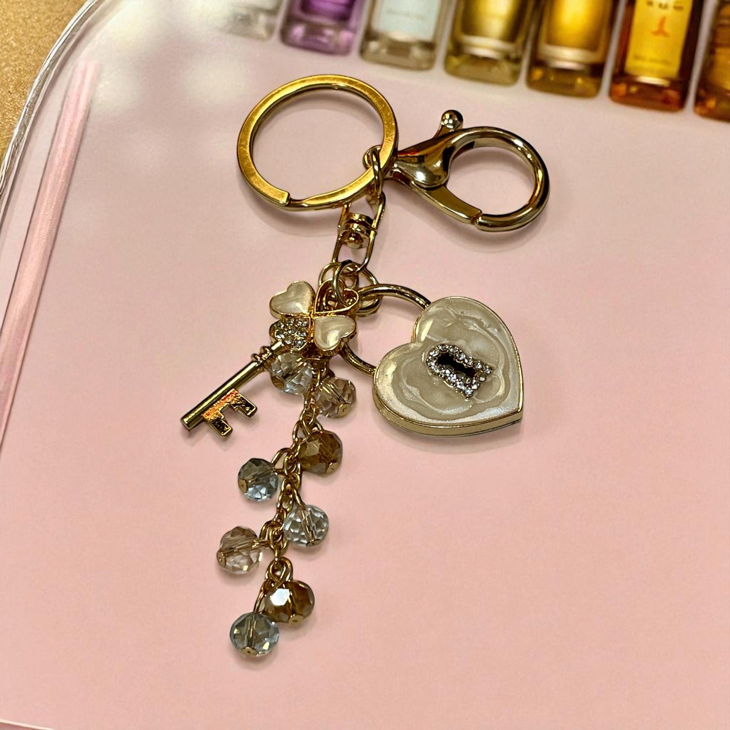 White Heart Lock and Key Jeweled Keychain