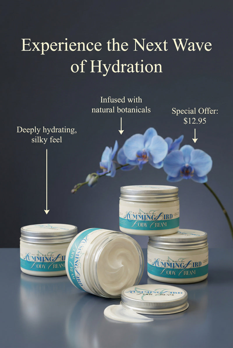 Hummingbird Body Cream jars with natural botanicals, deeply hydrating silky feel, special offer $12.95