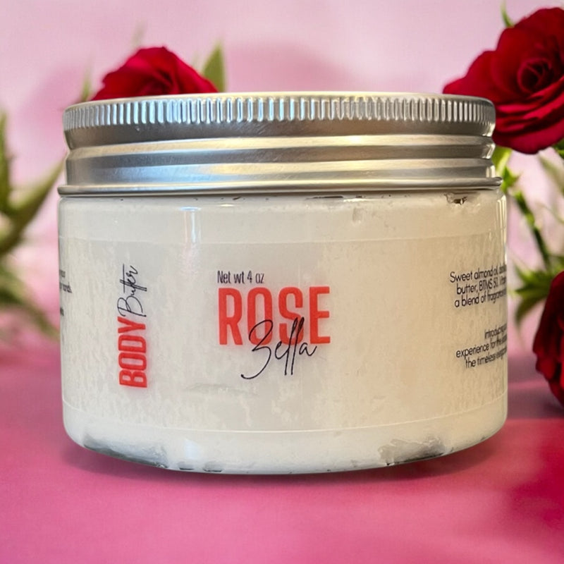 Rose Sella body butter in glass jar with red roses, natural ingredients, handcrafted skincare