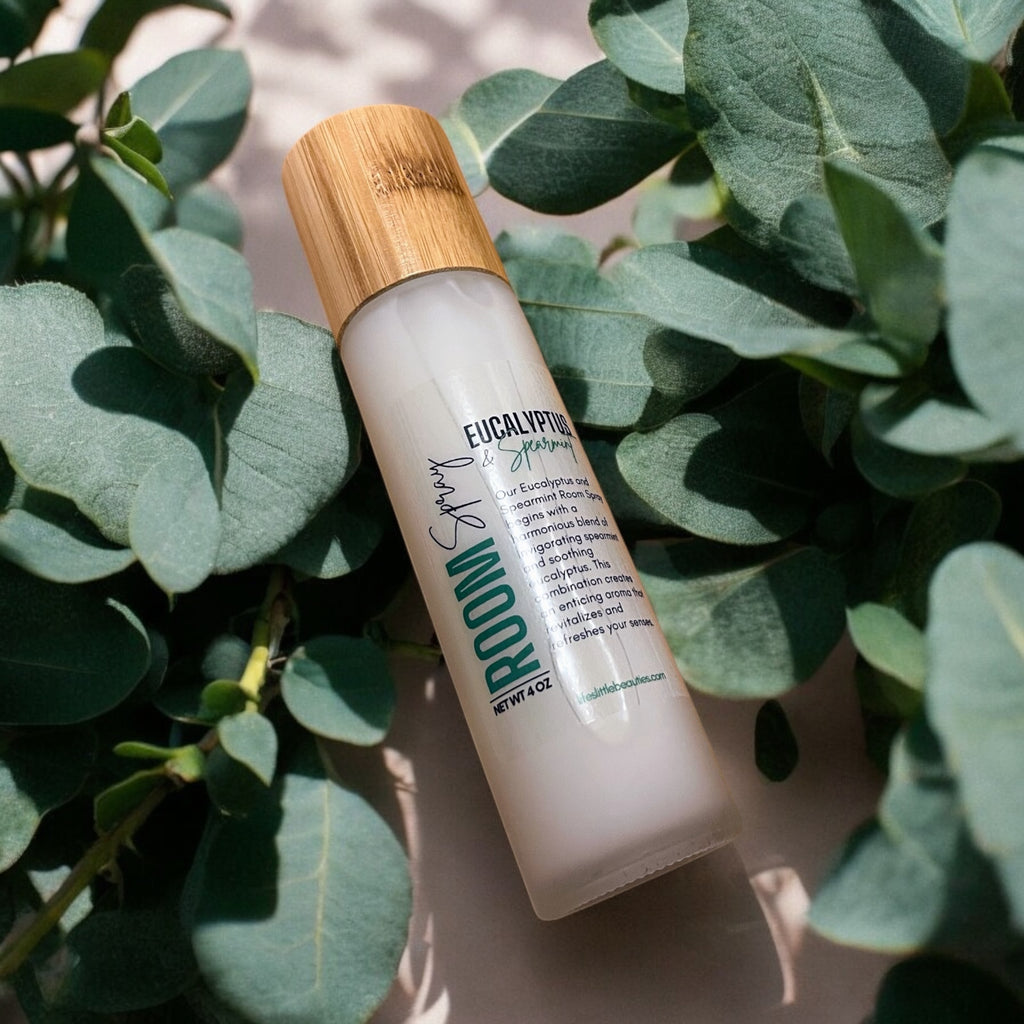 Eucalyptus & Spearmint room spray with bamboo cap, nestled in green eucalyptus leaves, natural aromatherapy mist