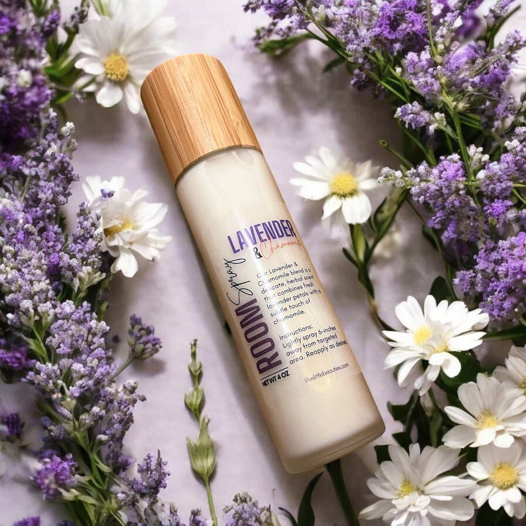 Lavender & chamomile room spray with natural ingredients, surrounded by fresh flowers