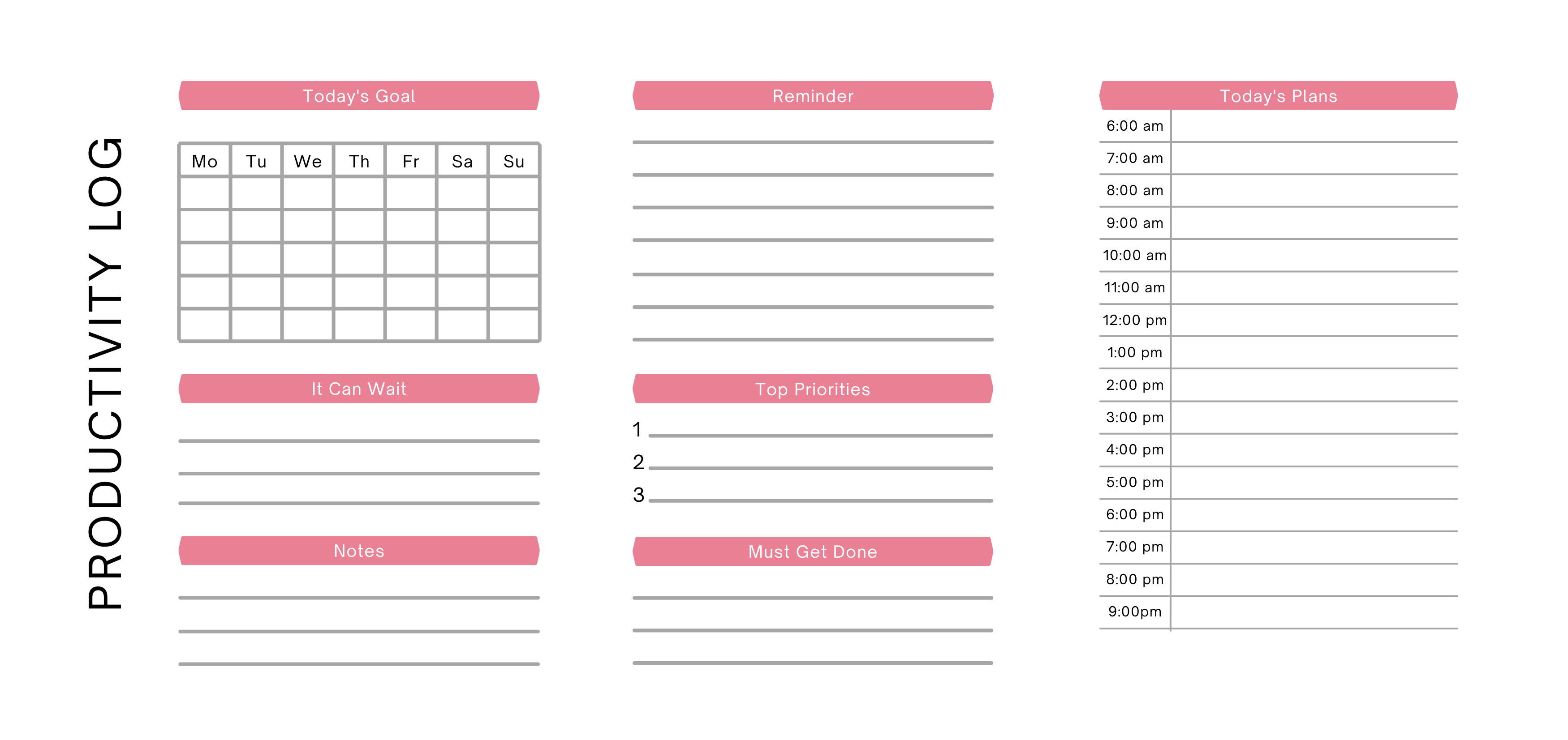 Productivity log planner with daily goals, priorities, reminders, and hourly schedule sections