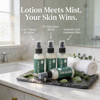 three bottles of lotion placed on a marble countertop, with a rolled-up white towel and some greenery nearby.