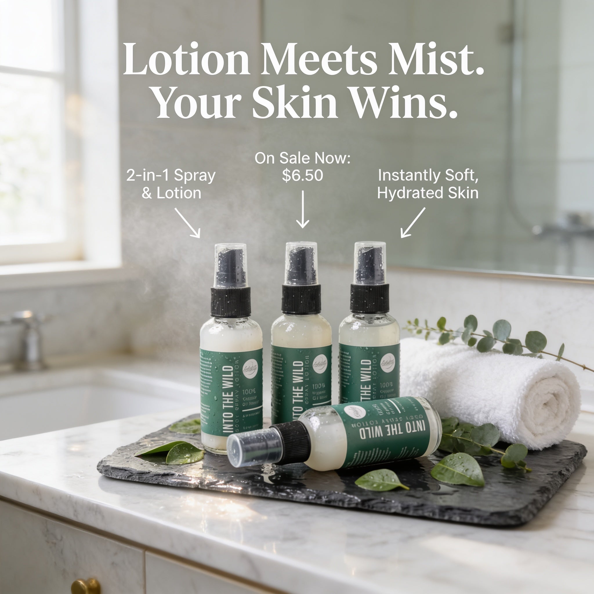 three bottles of lotion placed on a marble countertop, with a rolled-up white towel and some greenery nearby.