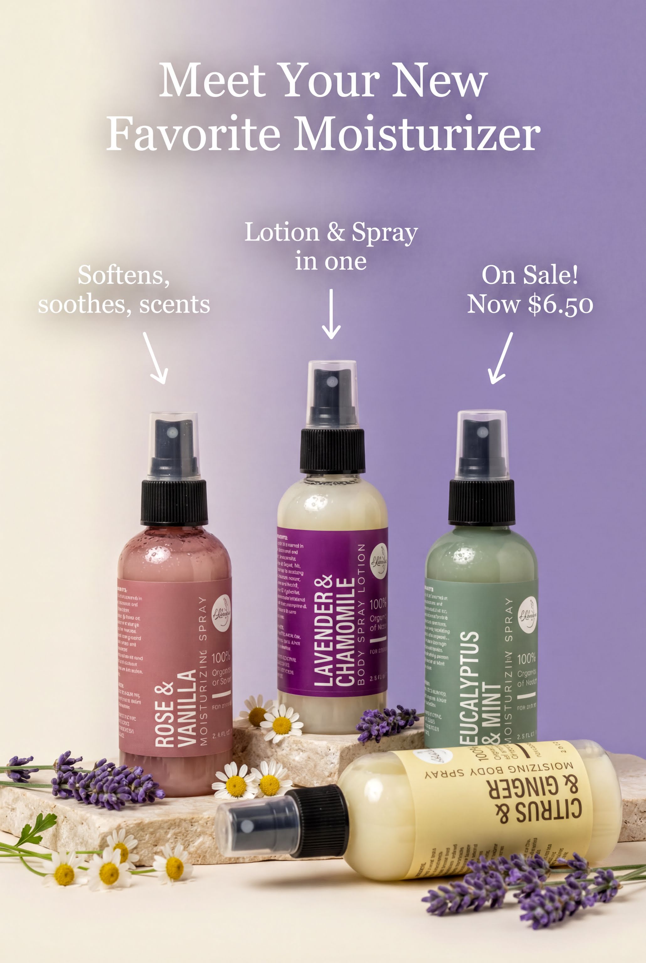 three bottles of different scented lotions and sprays, each with a different color and scent, arranged on a white surface with purple flowers.