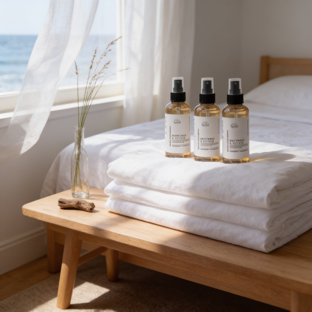 a wooden table with three bottles of lotion or body wash placed on top of folded white sheets, with a vase of flowers and a view of the ocean in the background.
