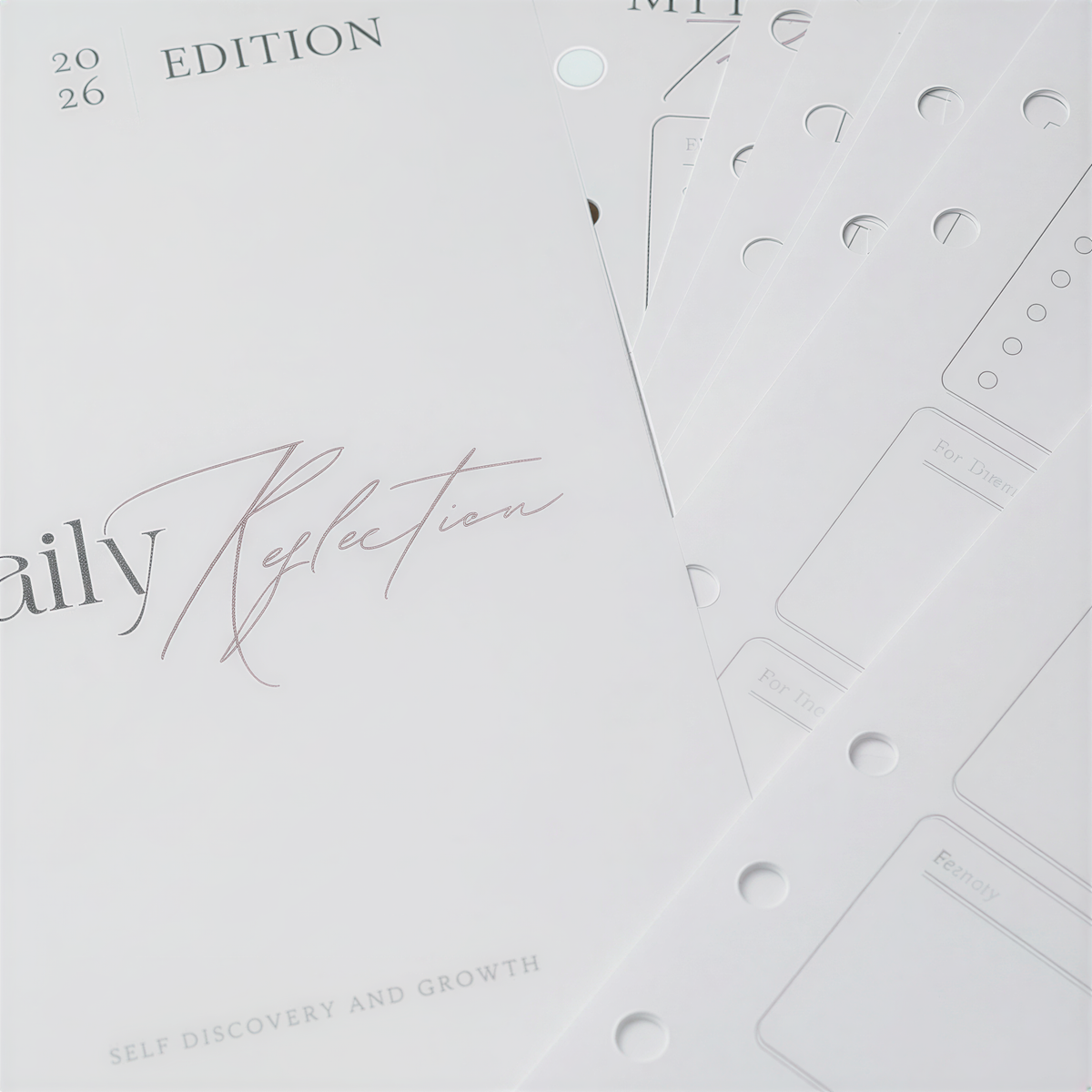 a collection of planners and notebooks, with the focus on a notebook titled "Daily Reflection".