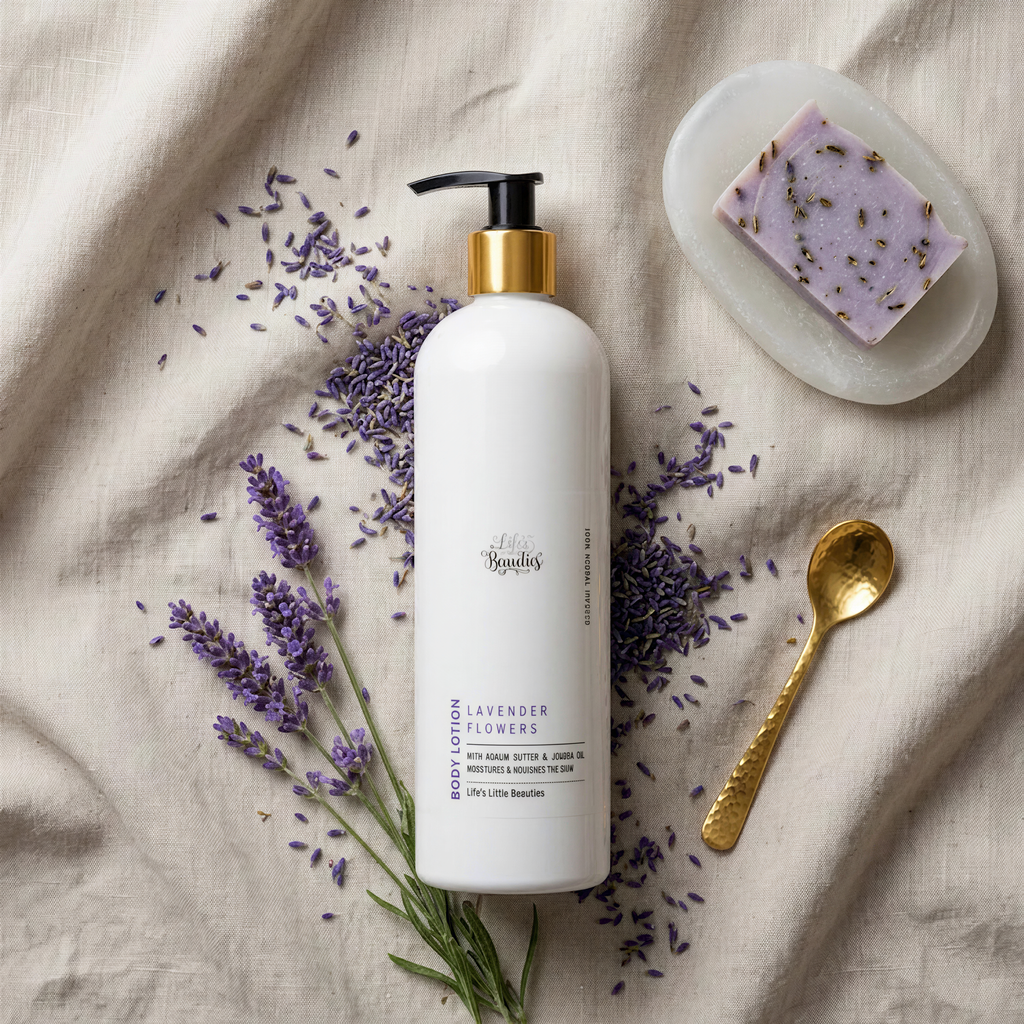 a bottle of body lotion with a pump dispenser, surrounded by lavender flowers, a bar of soap, and a gold spoon.