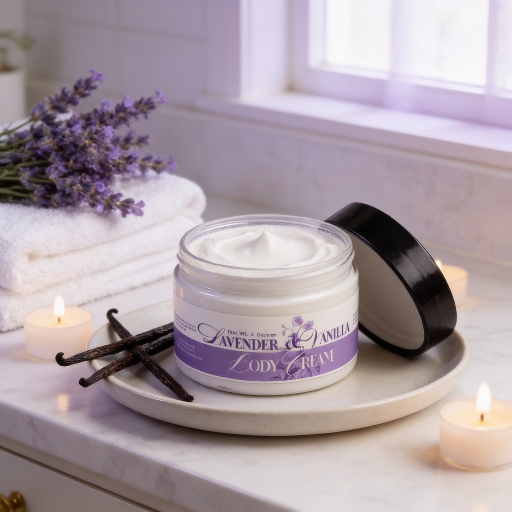 a jar of lavender and vanilla body cream, with a black lid, placed on a white countertop next to a bunch of lavender flowers and two lit candles.