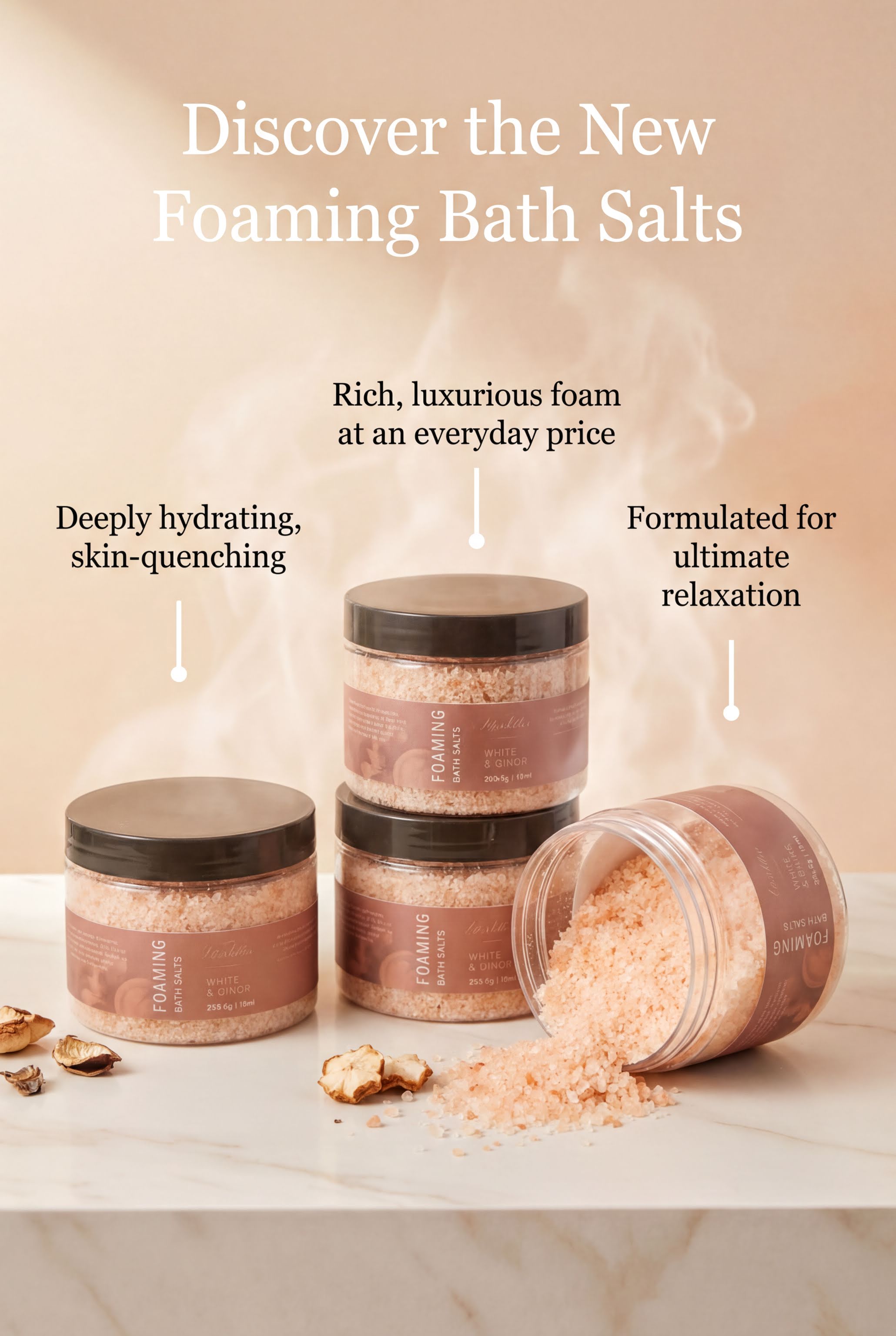 The image showcases a collection of four jars of pink bath salt, each with a black lid, arranged on a marble countertop. The jars are labeled as "New Foaming Bath Salts" and feature descriptions of their benefits, such as "Rich, luxurious foam at an everyday price" and "Deeply hydrating, skin-quenching". The image also includes a small amount of the bath salt spilling out of one of the jars, indicating that the product is in use.