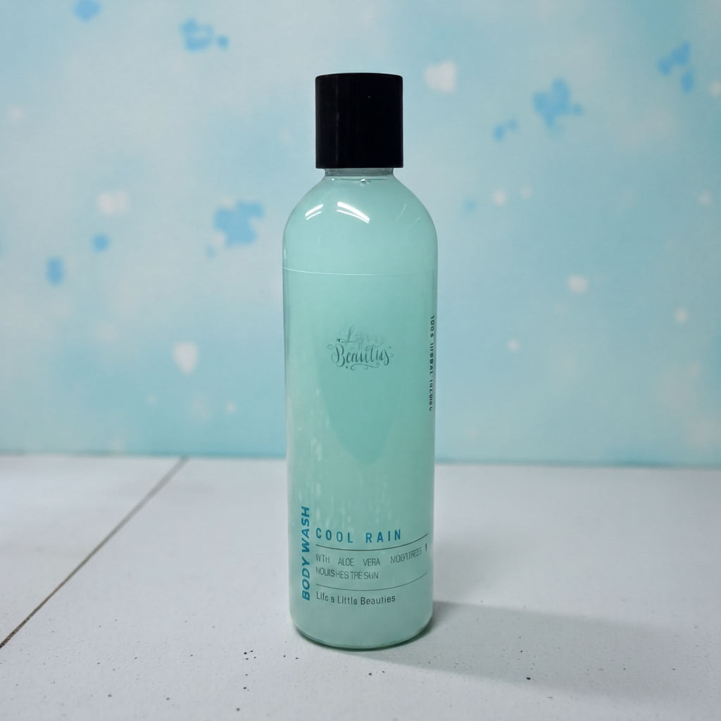A bottle of "Cool Rain" body wash against a blue background.